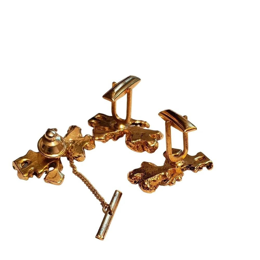 Figural Cufflinks Tie Tack Lapel Pin Set Gold Tone Scottish Leprechaun‎ Vintage